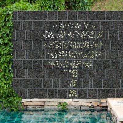 Laser Baum Florenz Grau – Design-Vlies Sichtschutz für Doppelstabmattenzaun | 2,50 m × 1,80 m | Laser-Cut Motiv | Hochwertiger Sichtschutz aus recyceltem PET